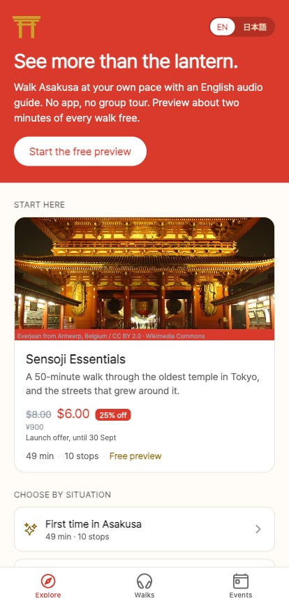 GetAsakusa のスマートフォン画面。英語の音声ガイド「Sensoji Essentials」の商品詳細と無料プレビューのボタンが表示されている